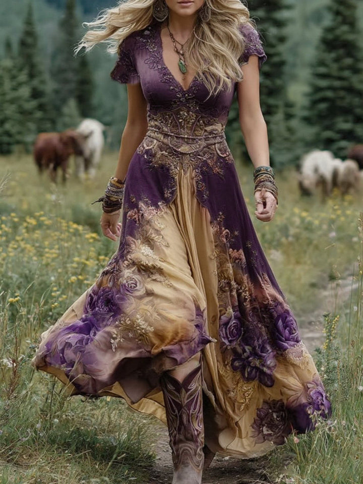 Elegant Floral-Printed Short Maxi Dress in Gradient Purple Lavender