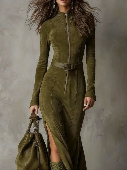 Evelyn | Suede Zip Dress with Belt