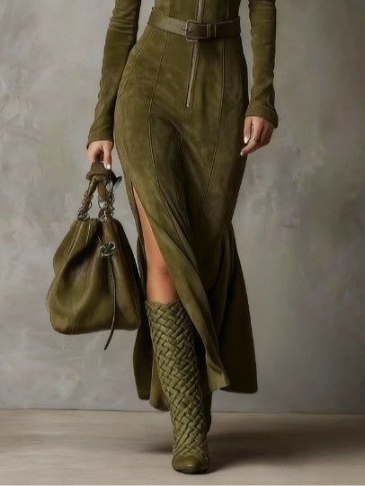 Evelyn | Suede Zip Dress with Belt