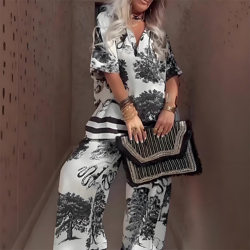 V-Neck Printed Top and Long Pants Set